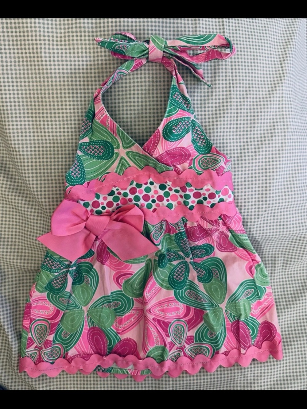 Mud Pie Pink and Green Baby Halter Dress with Bow Detail